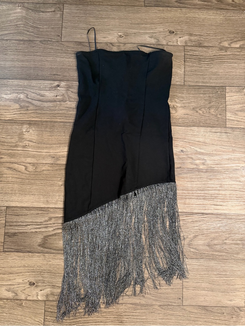 Forever 21 Black Strapless Fringe Mini Dress with Silver Tassels